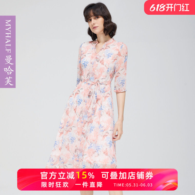曼哈芙专柜正品印花雪纺连衣裙春夏甜美法式V领五分袖中长裙淑女
