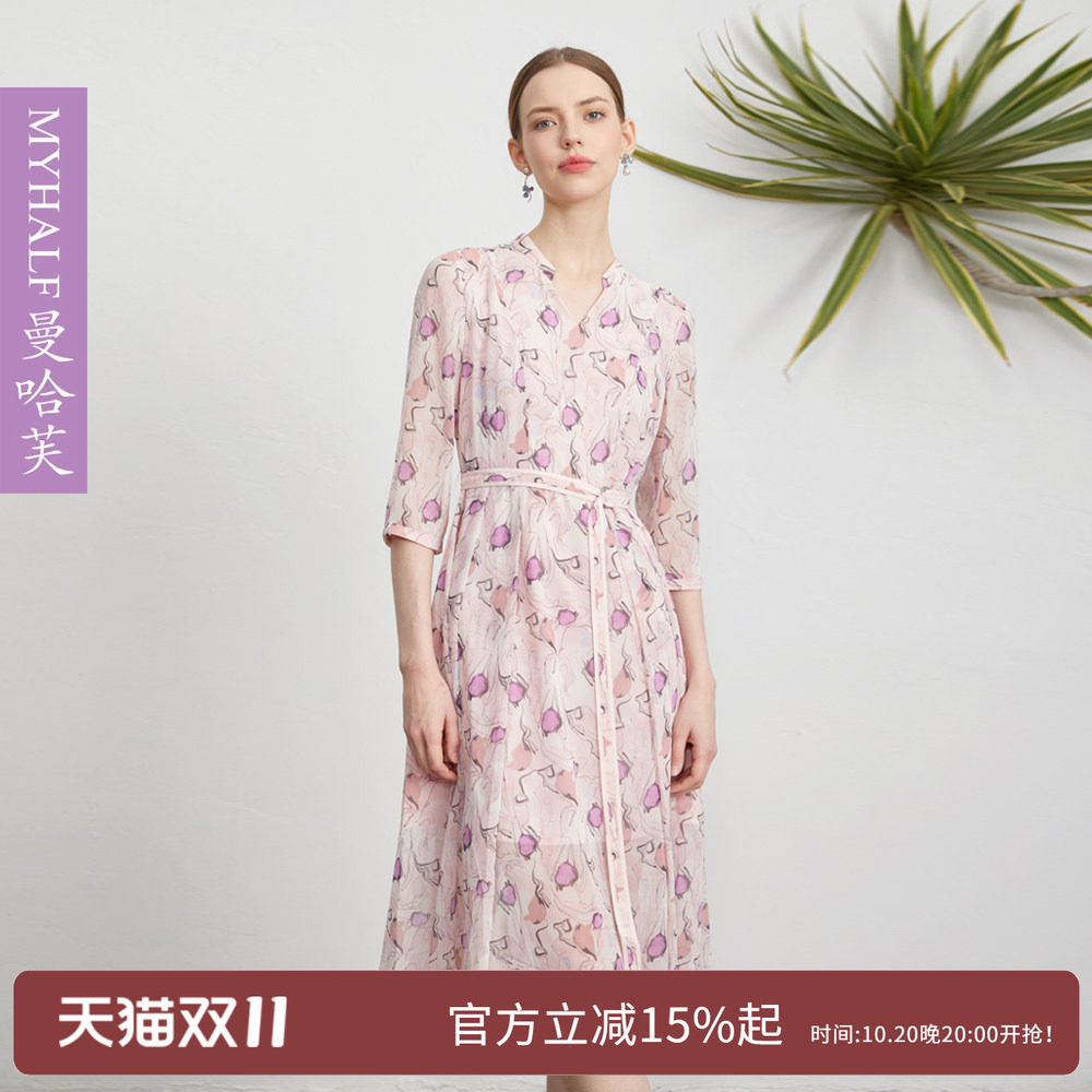 曼哈芙高端女装七分袖V领雪纺印花高腰连衣裙大裙摆淑女裙子法式