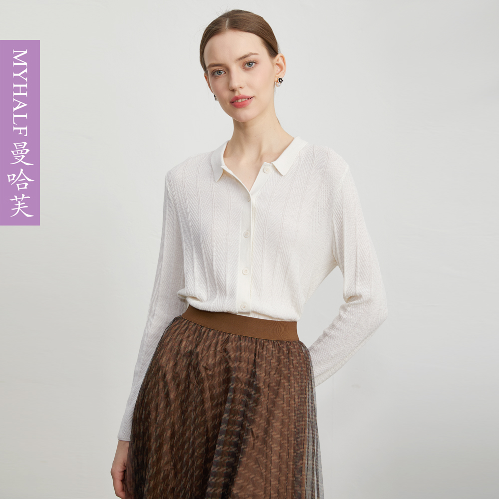 曼哈芙单排扣气质韩版翻领针织衫