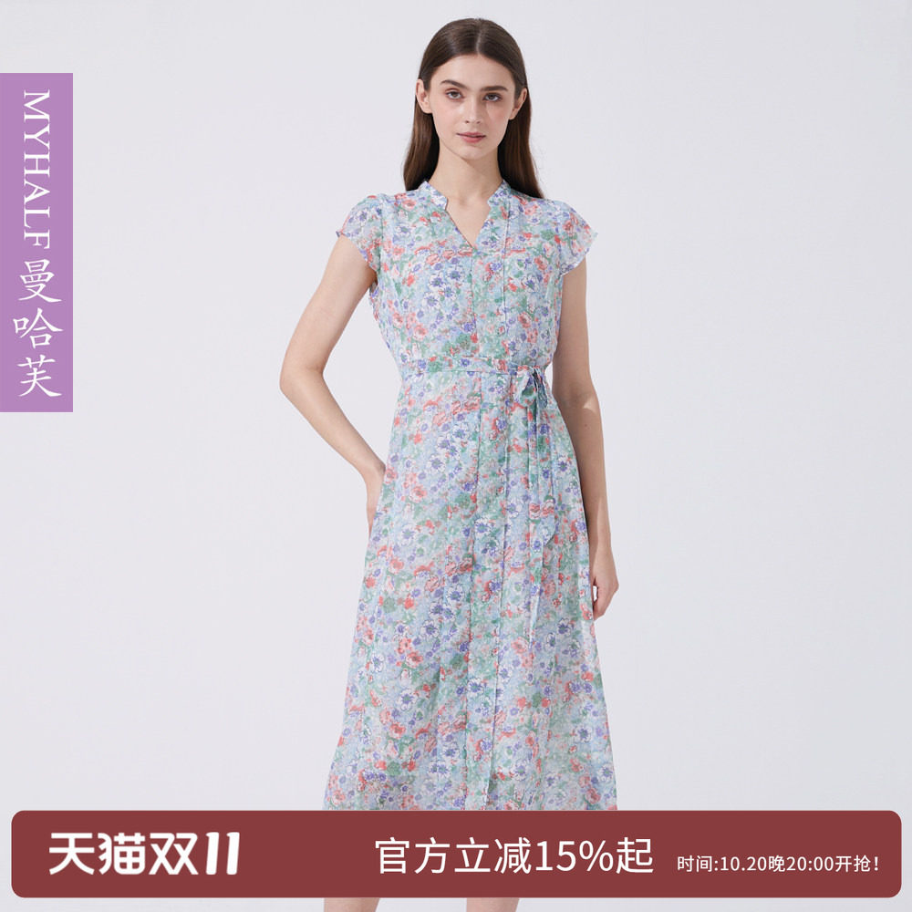 曼哈芙商场同款雪纺碎花法式连衣裙夏优雅短袖V领中长款收腰裙子