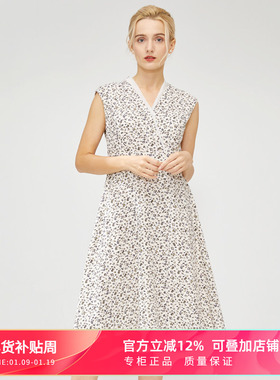 MYHALF/曼哈芙高端女装提花连衣裙通勤V领无袖收腰中长裙显瘦高腰