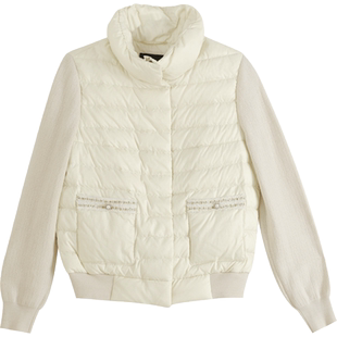 曼哈芙品牌女装冬款时尚针织袖拼接白鹅绒短款羽绒服收口保暖立领