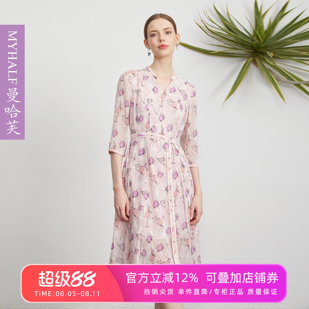 曼哈芙高端女装七分袖V领雪纺印花高腰连衣裙大裙摆淑女裙子法式