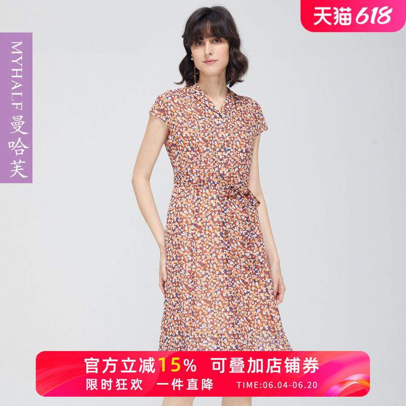 曼哈芙夏淑女V领印花连衣裙波点雪纺气质显瘦高级感收腰中裙绑带
