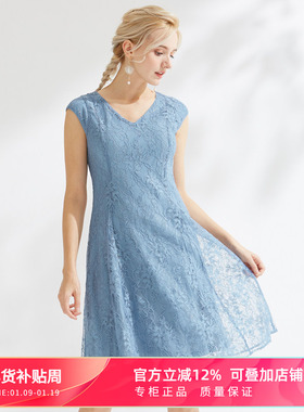 MYHALF/曼哈芙商场同款V领短袖收腰蕾丝淑女裙短款减龄连衣裙中裙