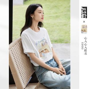 对白艺术画作联名白色印花短袖t恤女2026夏季新款设计感宽松上衣