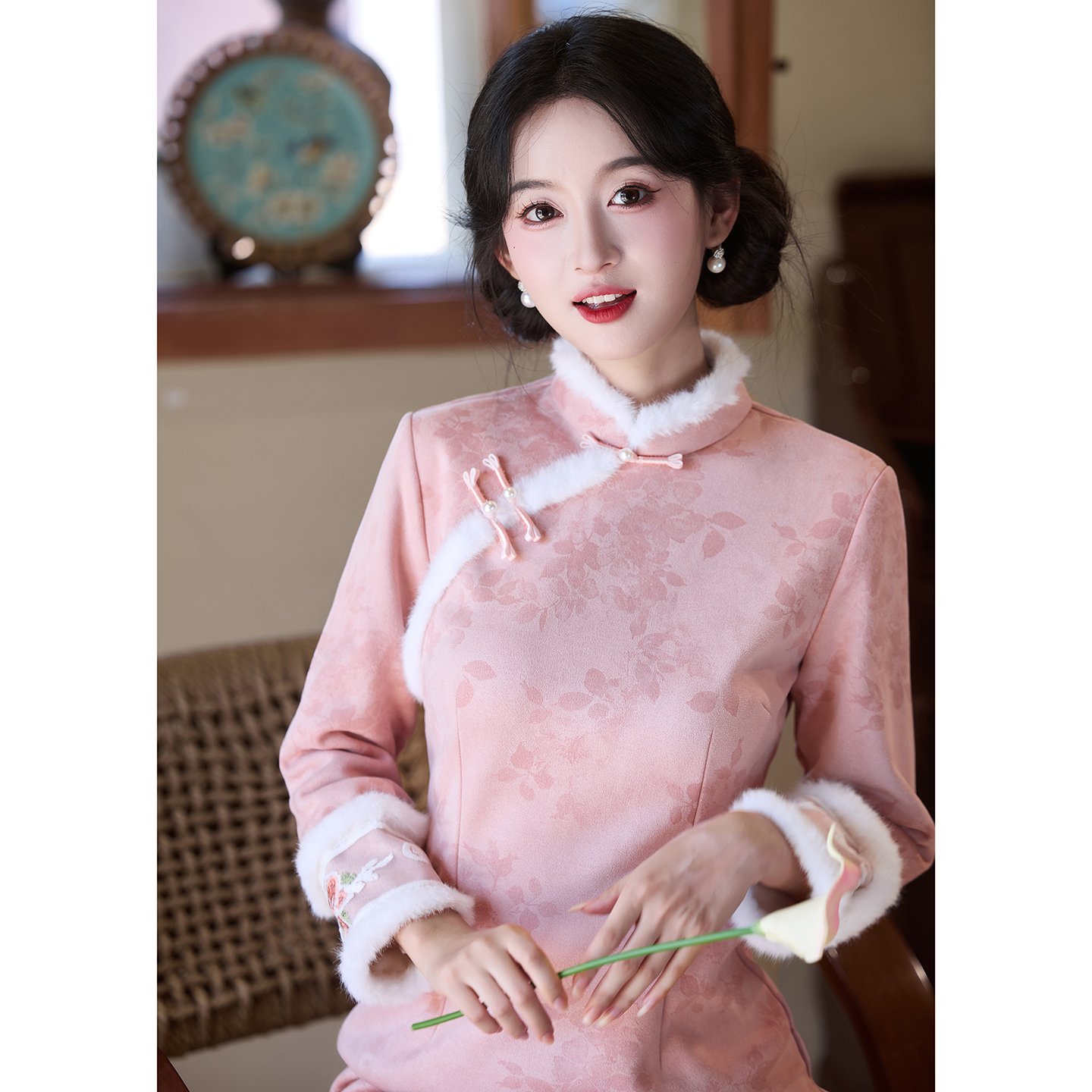 粉色冬装旗袍女新中式2025新款