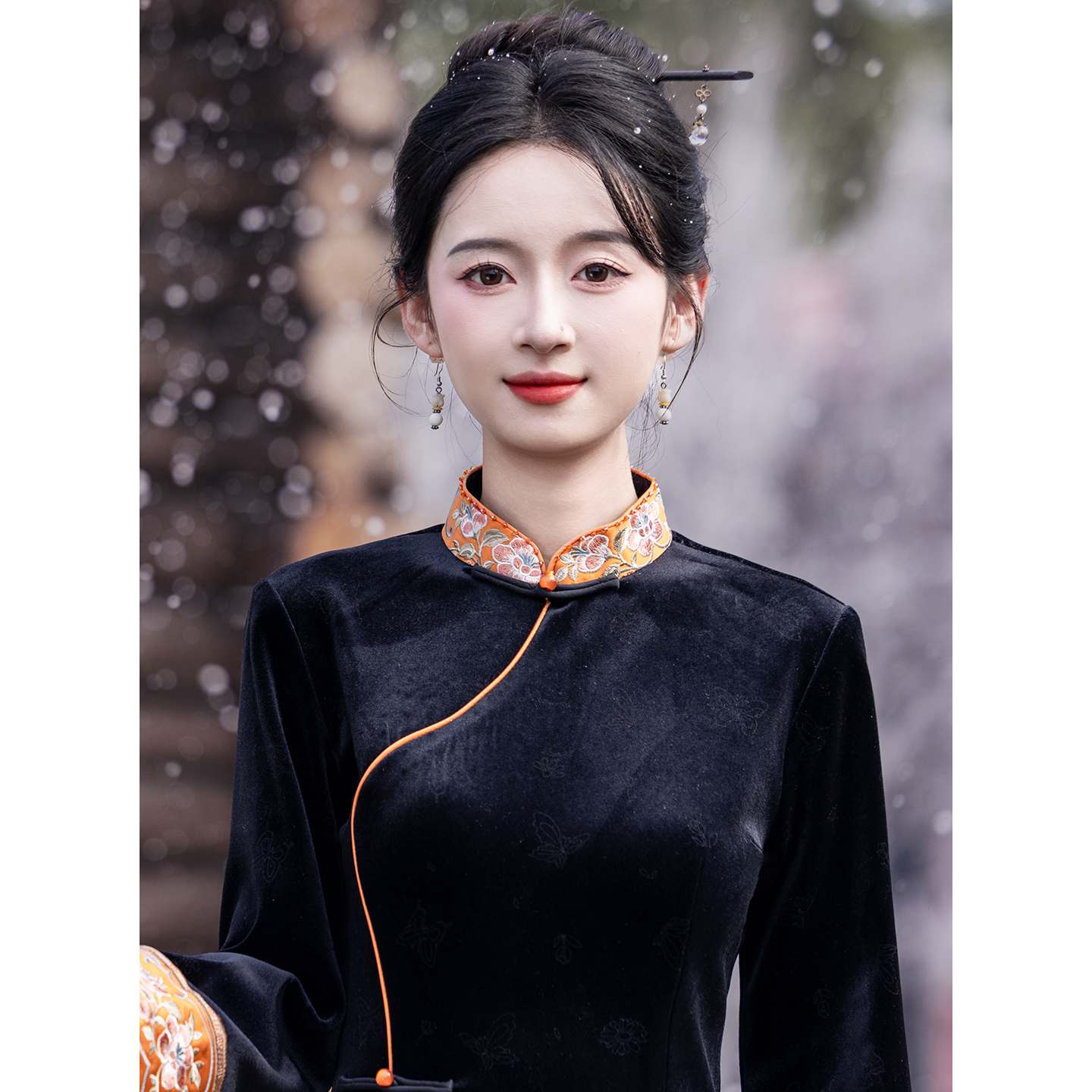 黑色冬季复古旗袍新款丝绒连衣裙