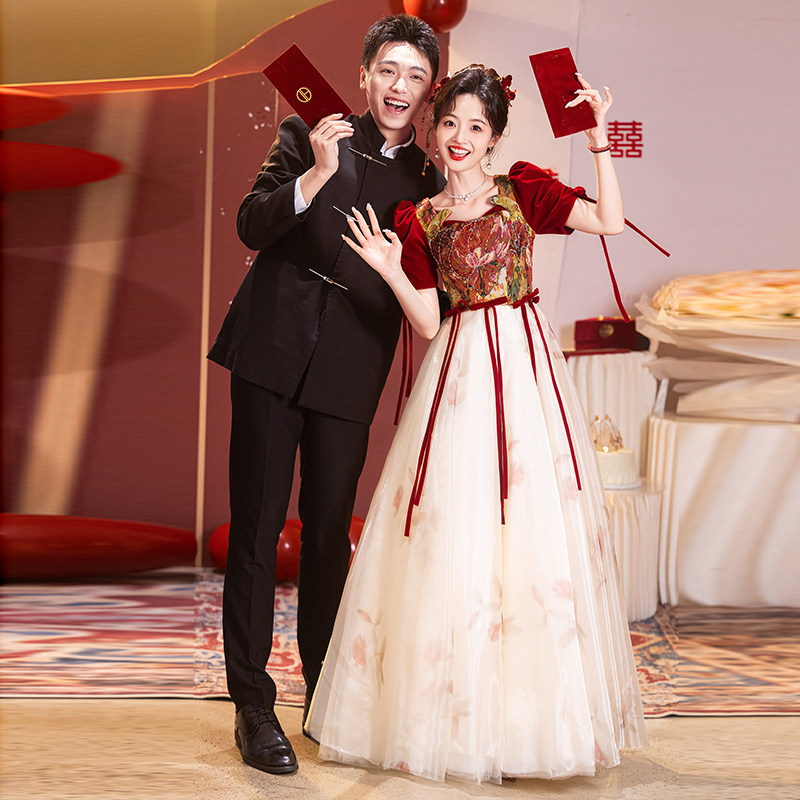 大码敬酒服新娘结婚酒红色抹胸裙