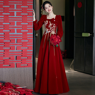 新中式 长袖 胖mm回门服高级感结婚女 敬酒服新娘订婚礼服裙新款 大码