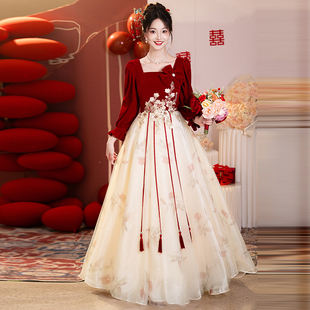 大码敬酒服新娘长袖2025新款胖mm200斤红色结婚订婚礼服连衣裙女