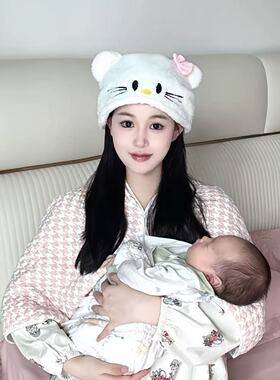 冬季保暖月子帽软软KT猫加厚防头风显脸小可爱孕妇帽产后出院外带