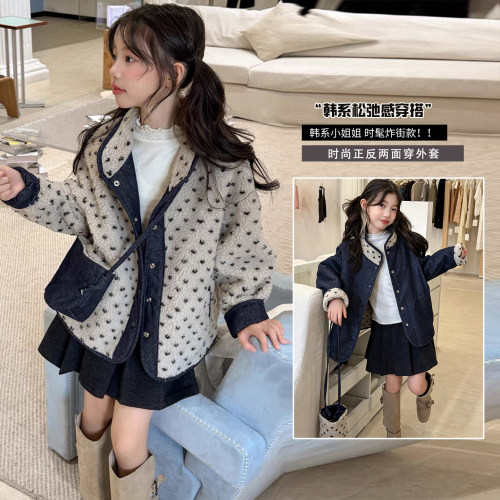 2026秋冬新款女童韩系外套中大童牛仔毛毛衣双面穿外套