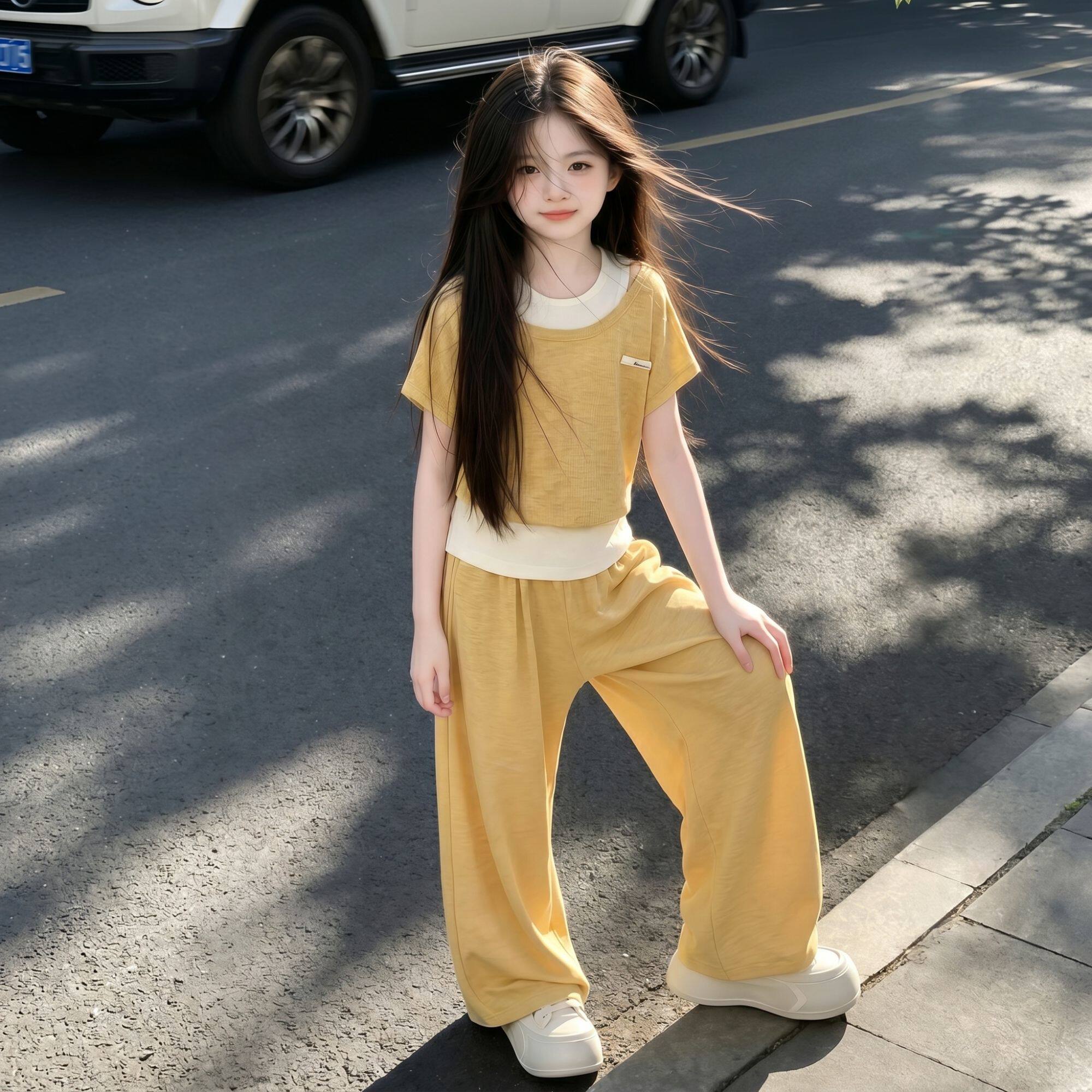 女大童夏套装2026新款儿童巨好看假两件短袖初中生韩系穿搭两件套图片