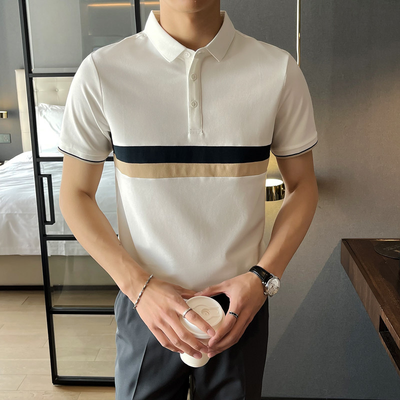 夏季新款潮牌拼接男士polo衫短袖修身半袖t恤卡其A312-371P58,男装T恤,电商B285