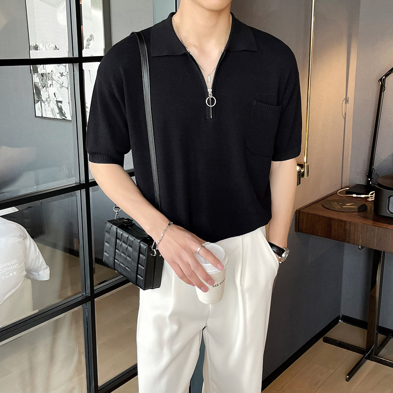 夏季针织polo衫短袖冰丝型男半袖t恤宽松针织衫黑B285-392P78,男装T恤,电商B285