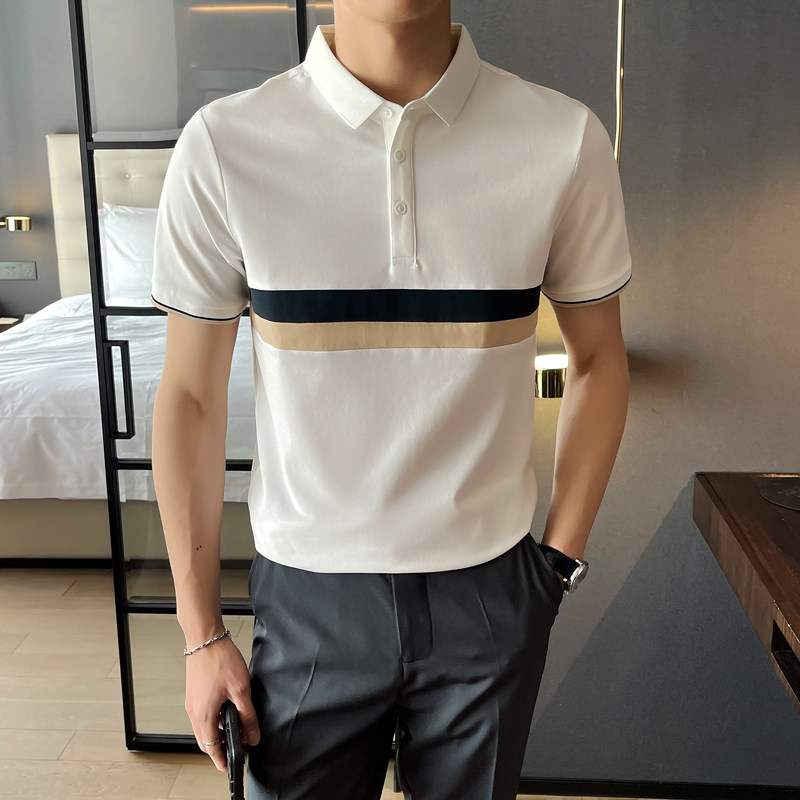 夏季新款潮牌拼接男士polo衫短袖修身半袖t恤黑A312-371P58,男装T恤,电商B285