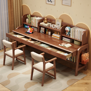 实木双人位儿童学习桌家用加长书桌书架一体卧室可升降学生写字桌