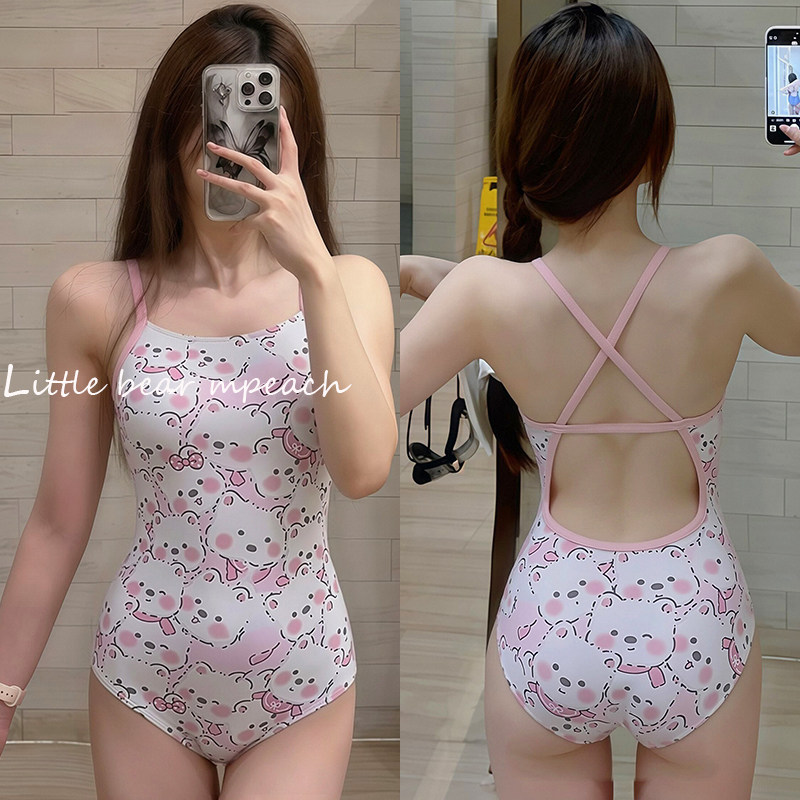 双层卡通印花连体泳衣女士吊带交叉美背显瘦专业训练度假三角泳装