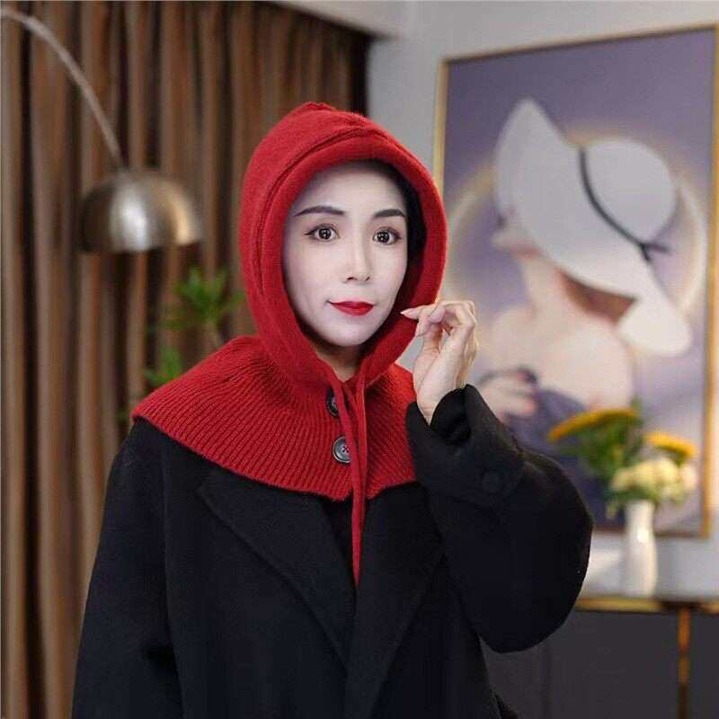 红色针织克拉克拉法帽带纽扣女秋冬季韩版保暖护耳显脸小毛线围脖