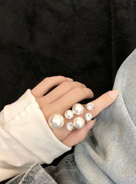 夸张几何珍珠镶钻开口大戒指女不规则气质网红个性冷淡风食指手饰