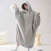 连帽家居服女 法兰绒睡袍连体可外穿可爱韩版 睡衣女2023新款 秋冬季