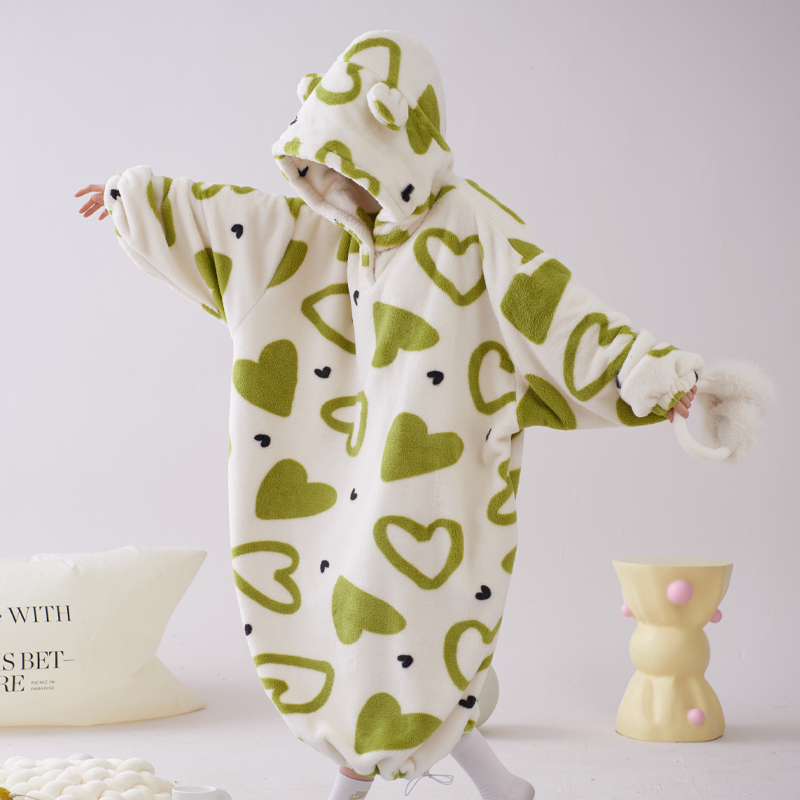 秋冬日系加绒加厚家居服印花绿色心情睡衣超大连帽卫衣女休闲简约