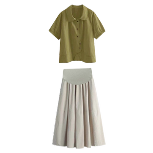 孕妇连衣裙套装夏2026新款时尚减龄薄款短袖衬衫上衣半身裙两件套