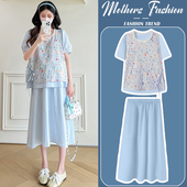 浅蓝色减龄短袖 孕妇连衣裙套装 韩版 2026新款 上衣半身裙两件套 夏季