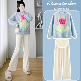 洋气时髦宽松大花朵针织毛衣裤 时尚 子两件套 秋冬2025新款 孕妇套装