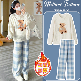加绒加厚圆领印花上衣裤 韩版 子两件套 秋冬2025新款 孕妇家居服套装