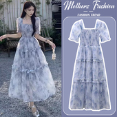 长款 孕妇连衣裙夏季 短袖 宽松复古方领碎花收腰显瘦薄款 女 2026新款