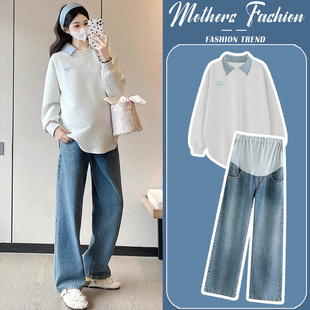 洋气潮妈卫衣宽松遮肚上衣牛仔裤 时尚 两件套 春秋2025新款 孕妇套装