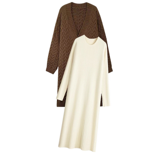 孕妇连衣裙套装中长款咖色针织外套打底内搭毛衣裙2025新款秋冬装