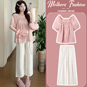 2026新款 薄款 粉色韩版 潮妈绣花娃娃衫 子两件套 孕妇套装 上衣裤 夏季