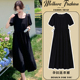 减龄时尚 夏季 气质方领抽绳黑色薄款 中长款 短袖 孕妇连衣裙2026新款