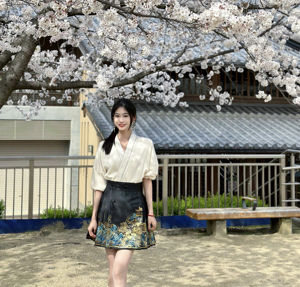夏季新中式国风抓花缎面上衣短马面裙超短套装汉服国风千里江山
