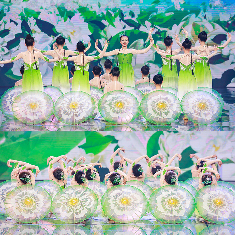 春晚古典舞茉莉花舞蹈服儿童演出服少儿中国风伞舞绿茉莉花开服装