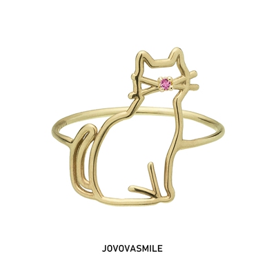 猫咪简笔画镶嵌红宝石戒环戒指18K戒圈个性定制小众个性设计款女