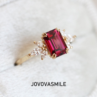 祖母切戒指镶嵌主石6*8mm石榴石莫桑钻马眼18k黄金女生礼物婚戒