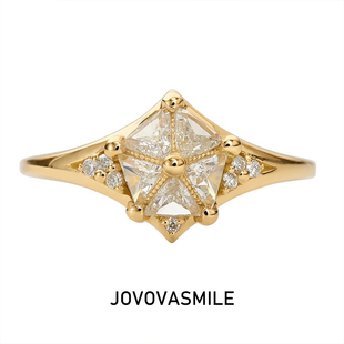 五边形雪花屋顶18k金戒指莫桑女戒au750小众高级感原创设计对戒