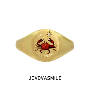 水象星座巨蟹座戒指18k纯金印章钻石主戒个性款12星座刻字尾戒女