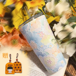 景德镇陶瓷万花杯高颜值网红吸管喝水杯带盖茶杯送女友手工大花款