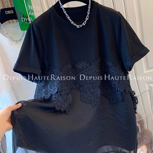 特大码胖mm300斤蕾丝拼纱雪纺假两件短袖T恤衬衫夏季宽松休闲上衣