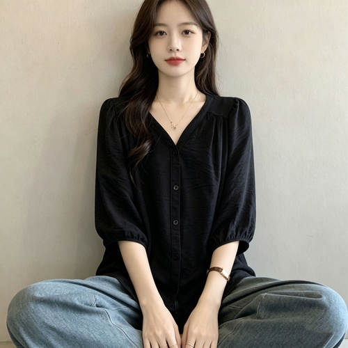 特大码300斤胖MM设计感慵懒风V领半袖衬衫女韩版设计感百搭上衣女
