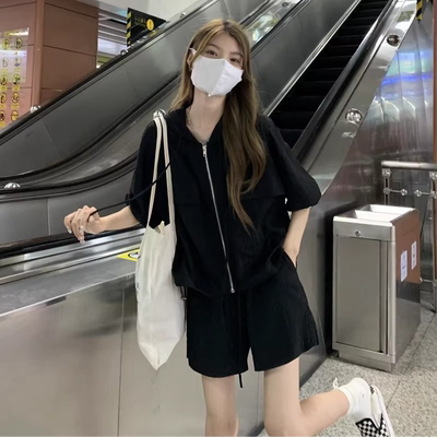 特大码胖mm300斤休闲时尚套装女夏季韩版连帽短袖上衣短裤两件套