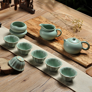 皇奇家用复古风汝窑茶具套装整套开片可养汝瓷茶壶公道杯茶漏茶杯