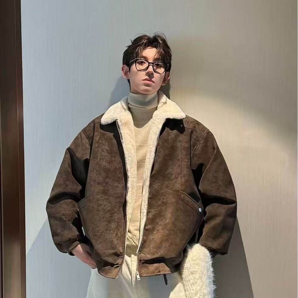 男士美式翻领外套男秋冬潮高级感男装2025年新款复古机车夹克