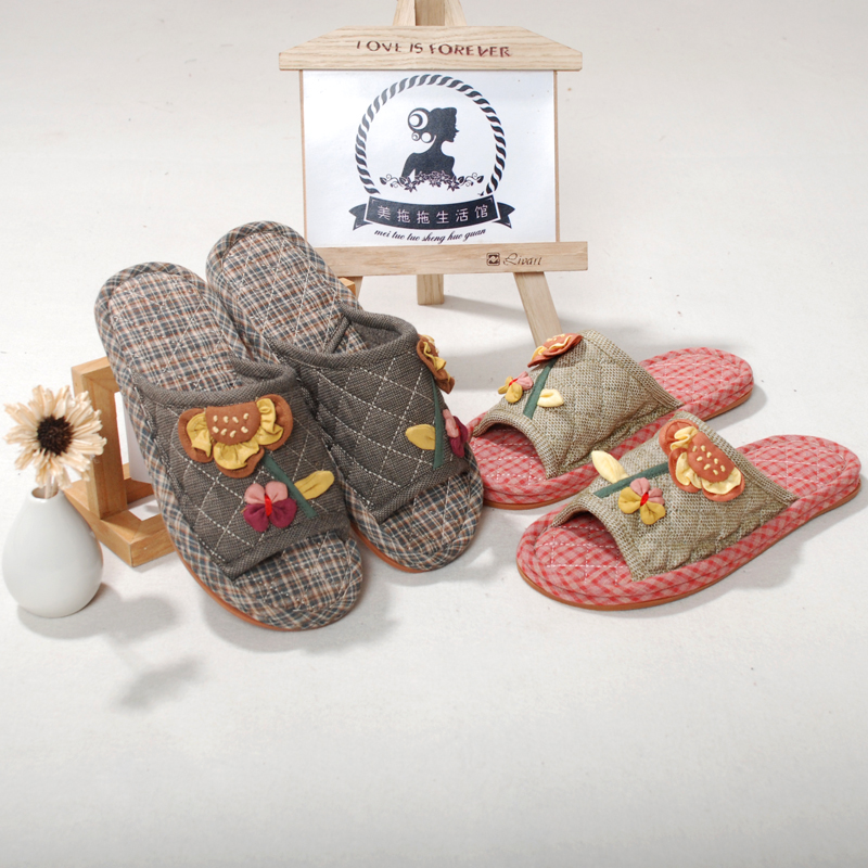 新款雅格布艺女士拖鞋花朵女大童家居静音防滑牛筋底加厚地板拖