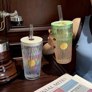 情侣渐变色少女珍珠吸管玻璃水杯高颜值咖啡杯奶茶杯大容量耐高温
